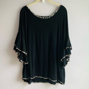 Cable & Gauge Knit Top Black Animal Print Ruffle Sleeves Soft Lightweight 1X